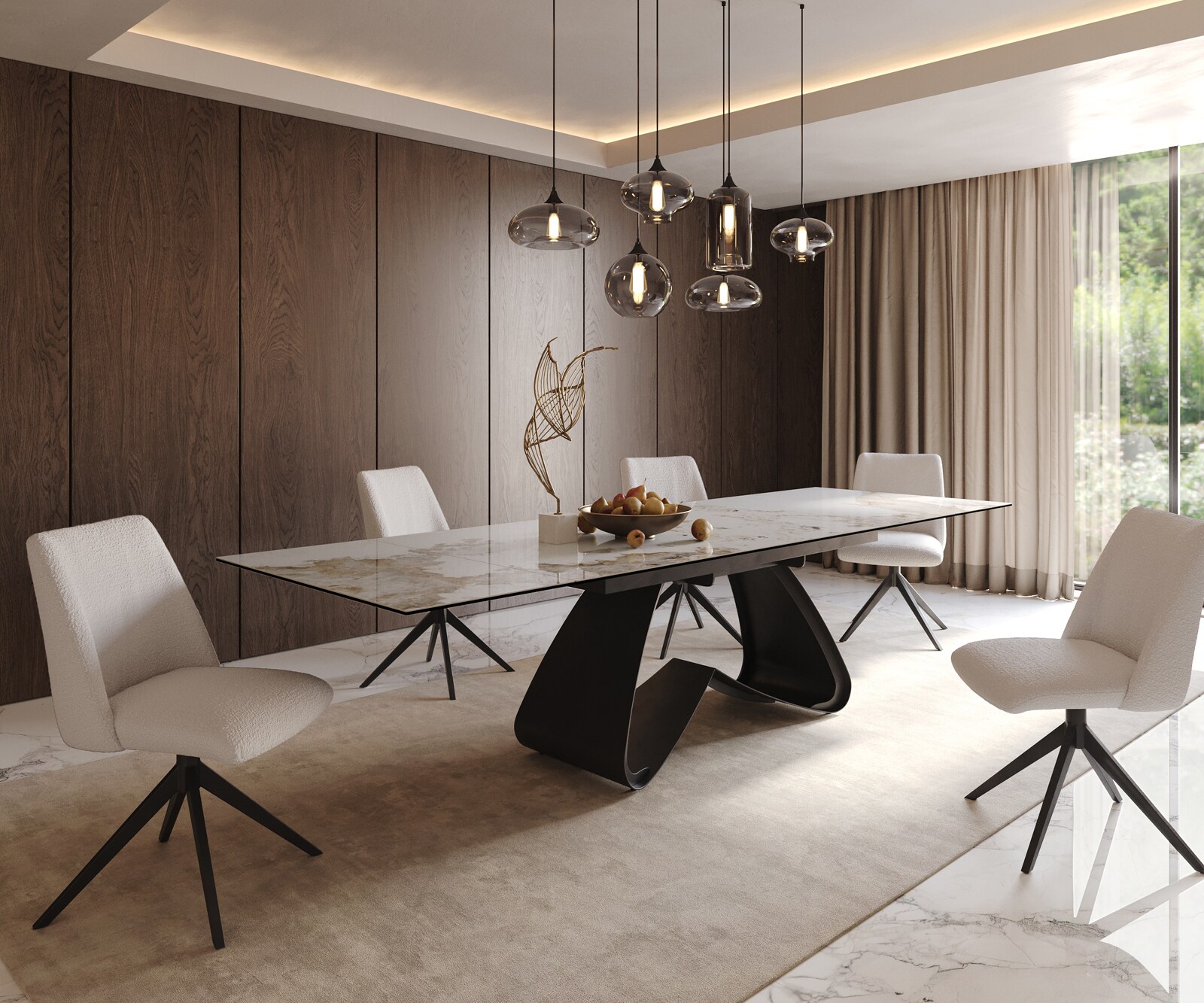 Stół do jadalni Edge 200-300x100 cm ceramika Minas Melange biało-beżowy rama W czarna rozkładany 8