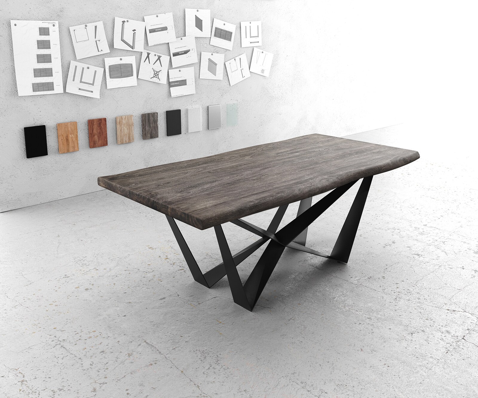 Stół do jadalni Edge 200x100 cm XL akacja platynowa rama Spider metal czarna live-edge 1