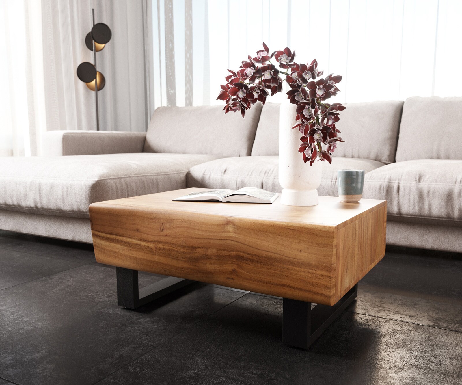 Stolik kawowy New Live-Edge 80x60cm akacja naturalna 2 szuflady nóżki płozowe metal czarny 3