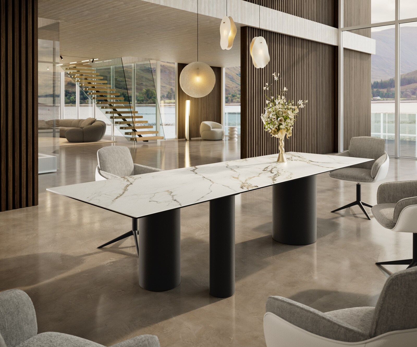 Stół do jadalni Edge 300x100cm ceramika Calacatta Luxe biało-złoto-szary rama Troa metal czarny 1