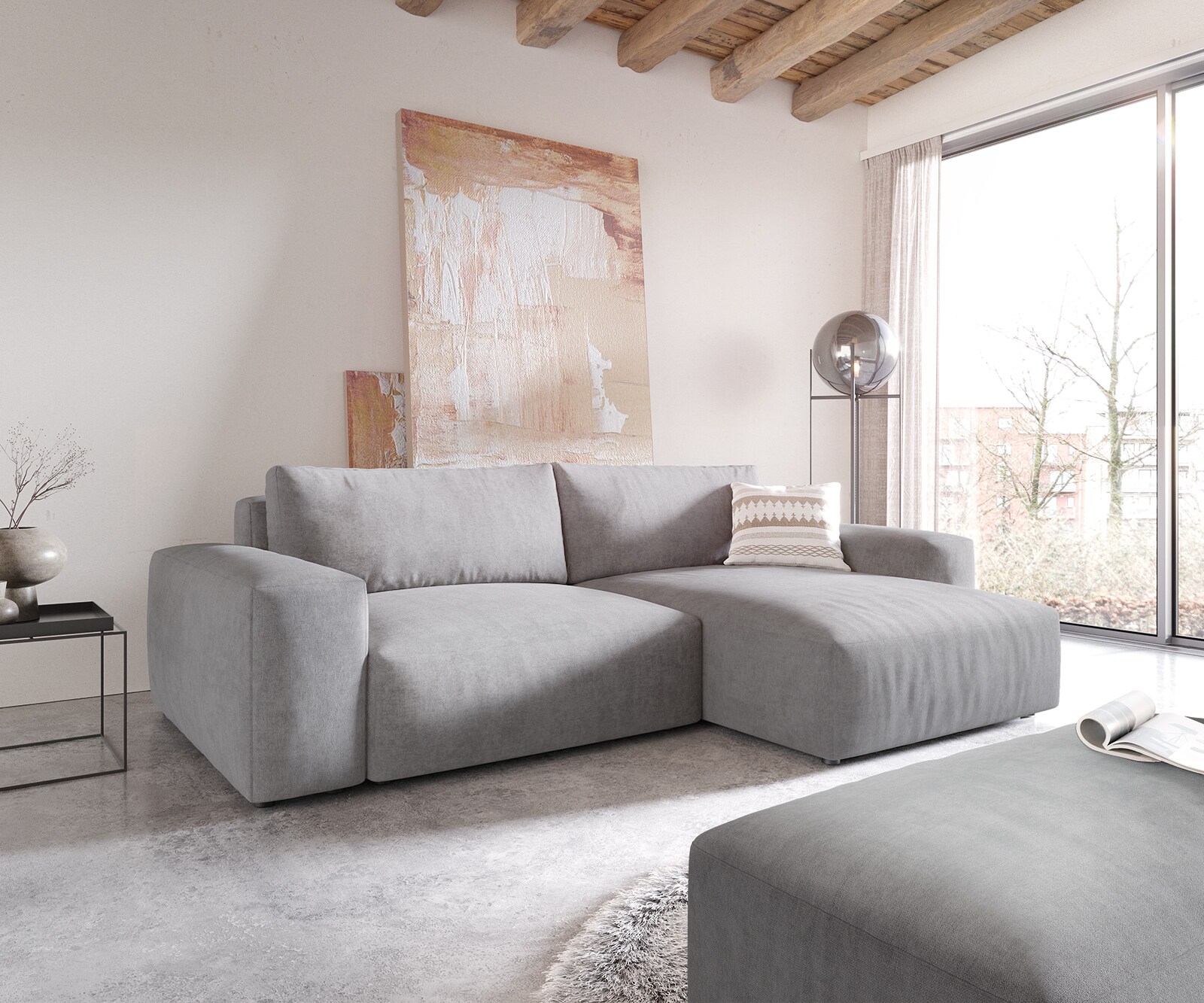 Sofa narożna Lanzo XL 270x180cm mikrofibra szara szezlong z możliwością zmiennego ustawienia z pufem