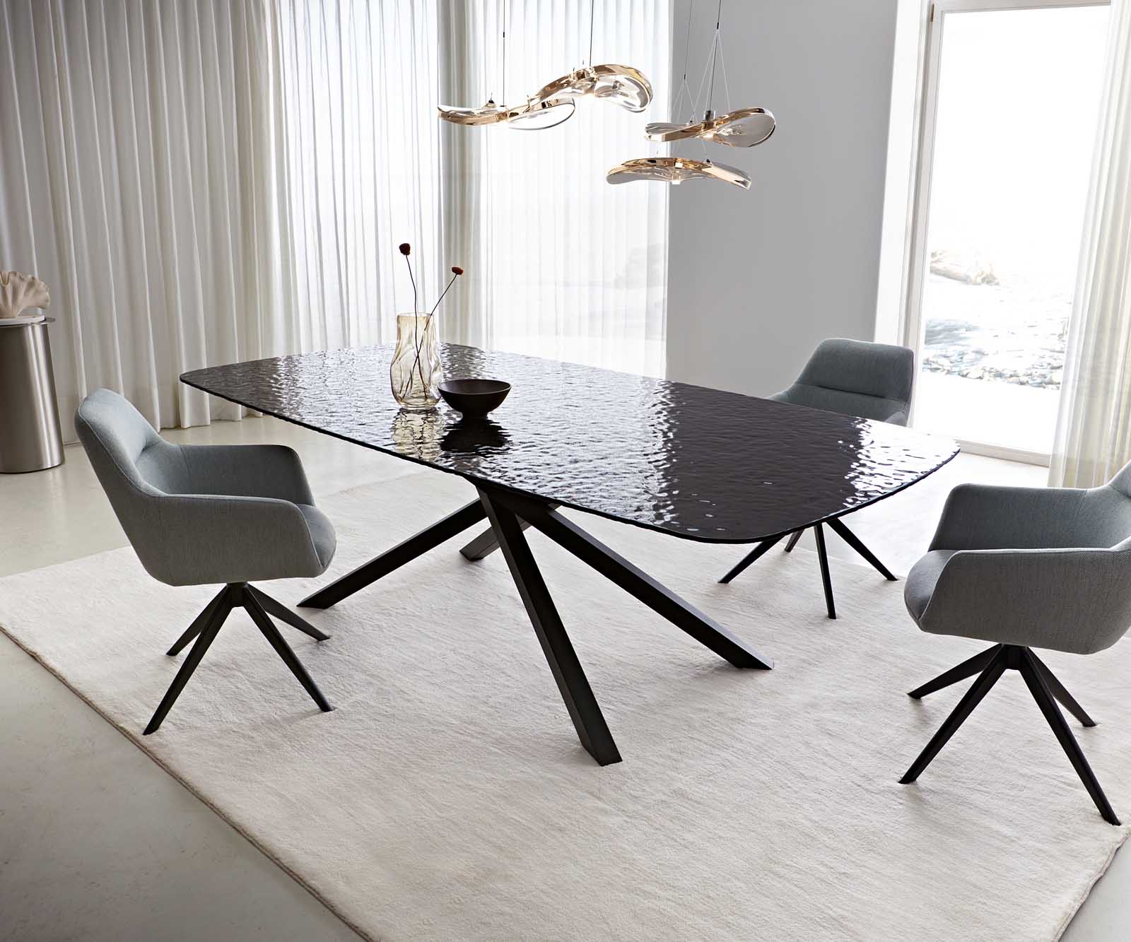 Stół do jadalni Edge kształt beczki 240x120cm szkło reliefowe czarne efekt 3D rama Cross czarna 2