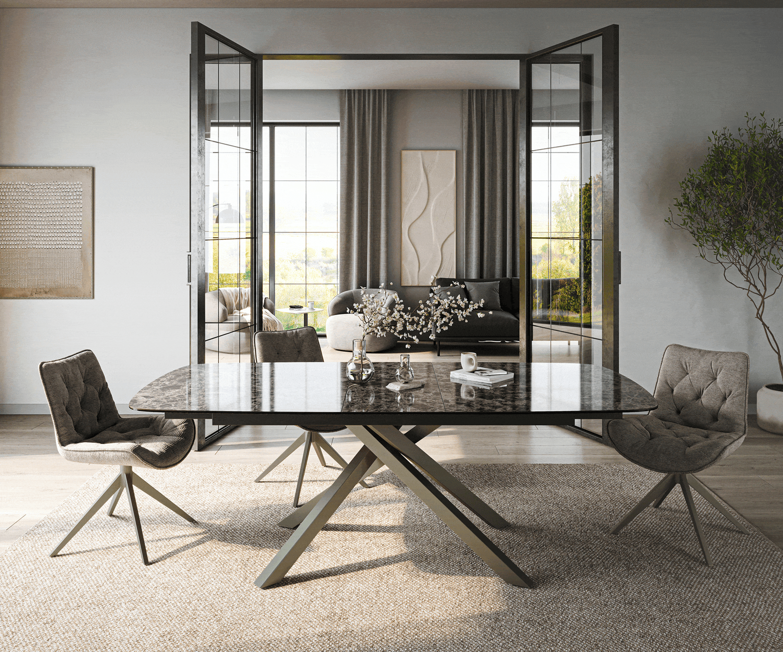 Stół do jadalni Edge w kształcie beczki 180-220x100 cm ceramika Emperador Extra Lucidato ciemnobrązowa rama Cross w kolorze tytanu rozkładany 1