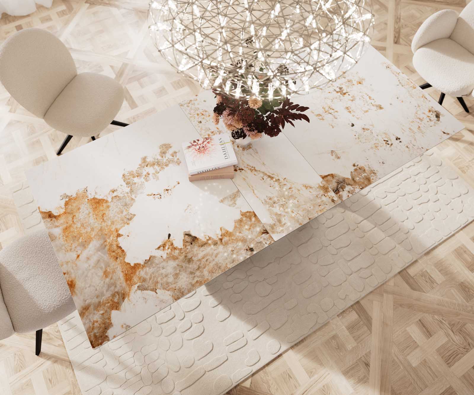 Stół do jadalni Edge 180-220x100 cm ceramika Minas Melange biało-beżowy rama W kolor tytanowy rozkładany 5