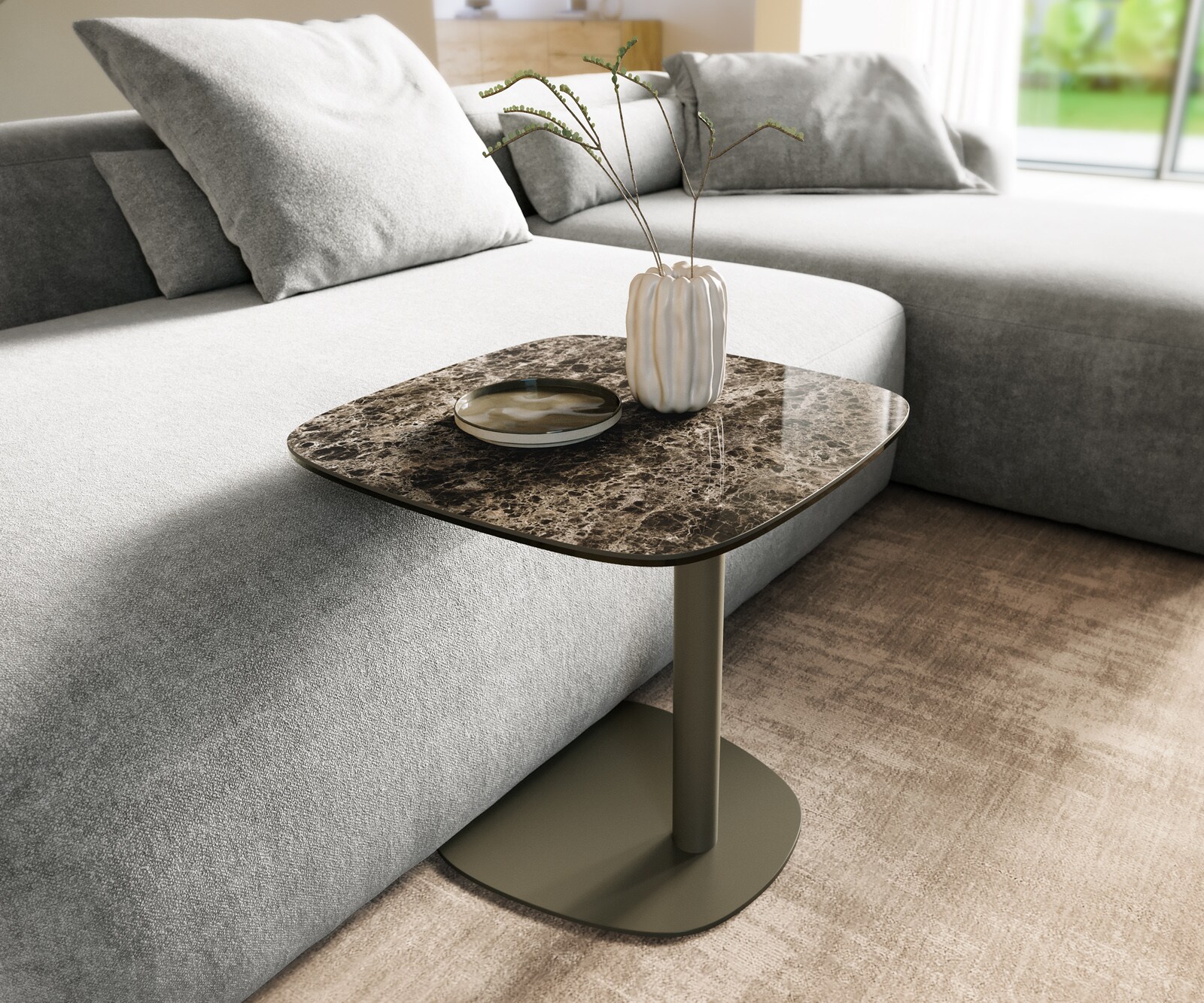 Stolik kawowy Edge w kształcie beczki 50x50 cm Laminam® Emperador Extra Lucidato ciemnobrązowy podstawa Eleny metal w kolorze tytanu