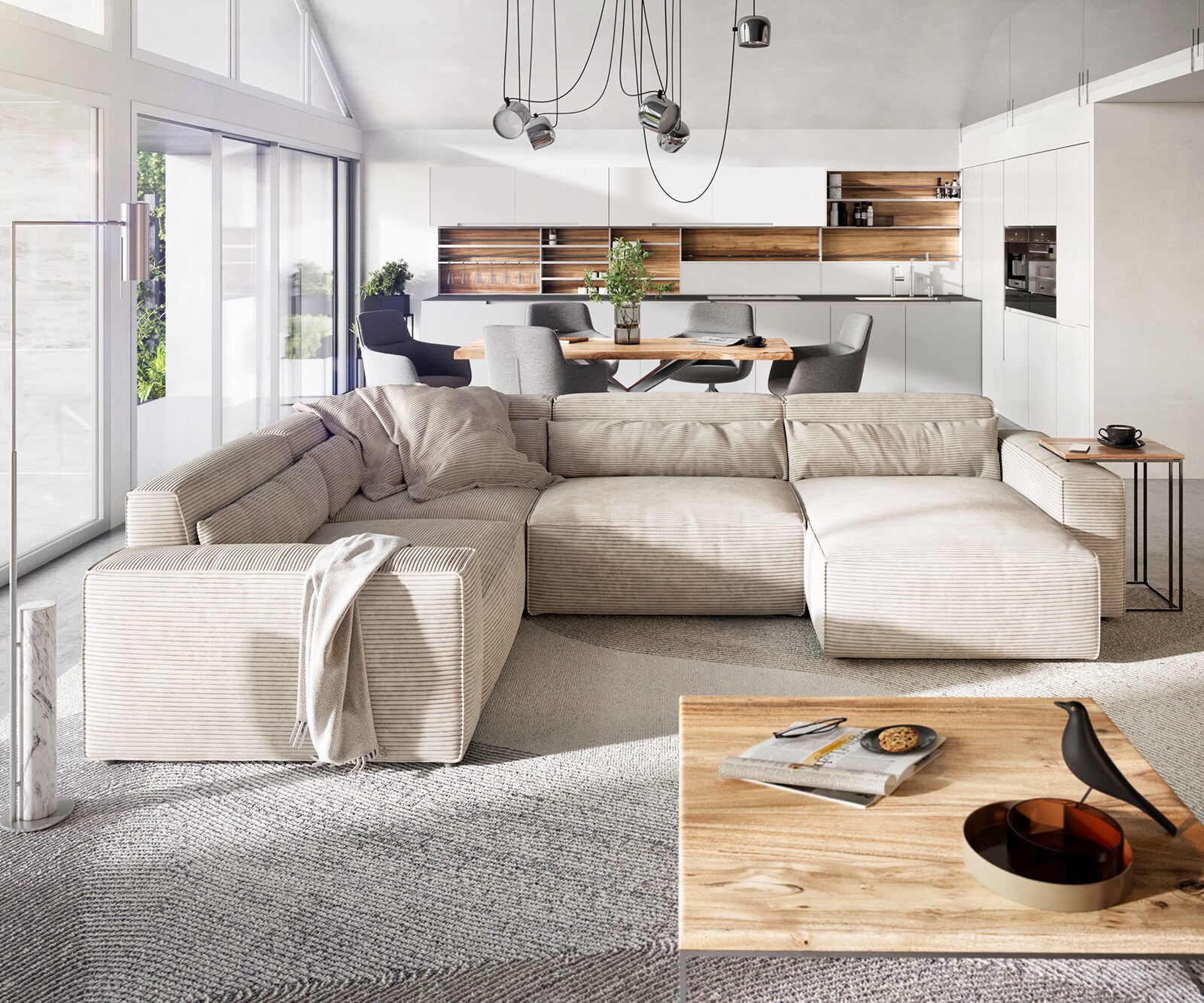 Sofa w kształcie litery U Sirpio 300x210 cm sztruks beżowy szezlong z możliwością obustronnego montażu 2