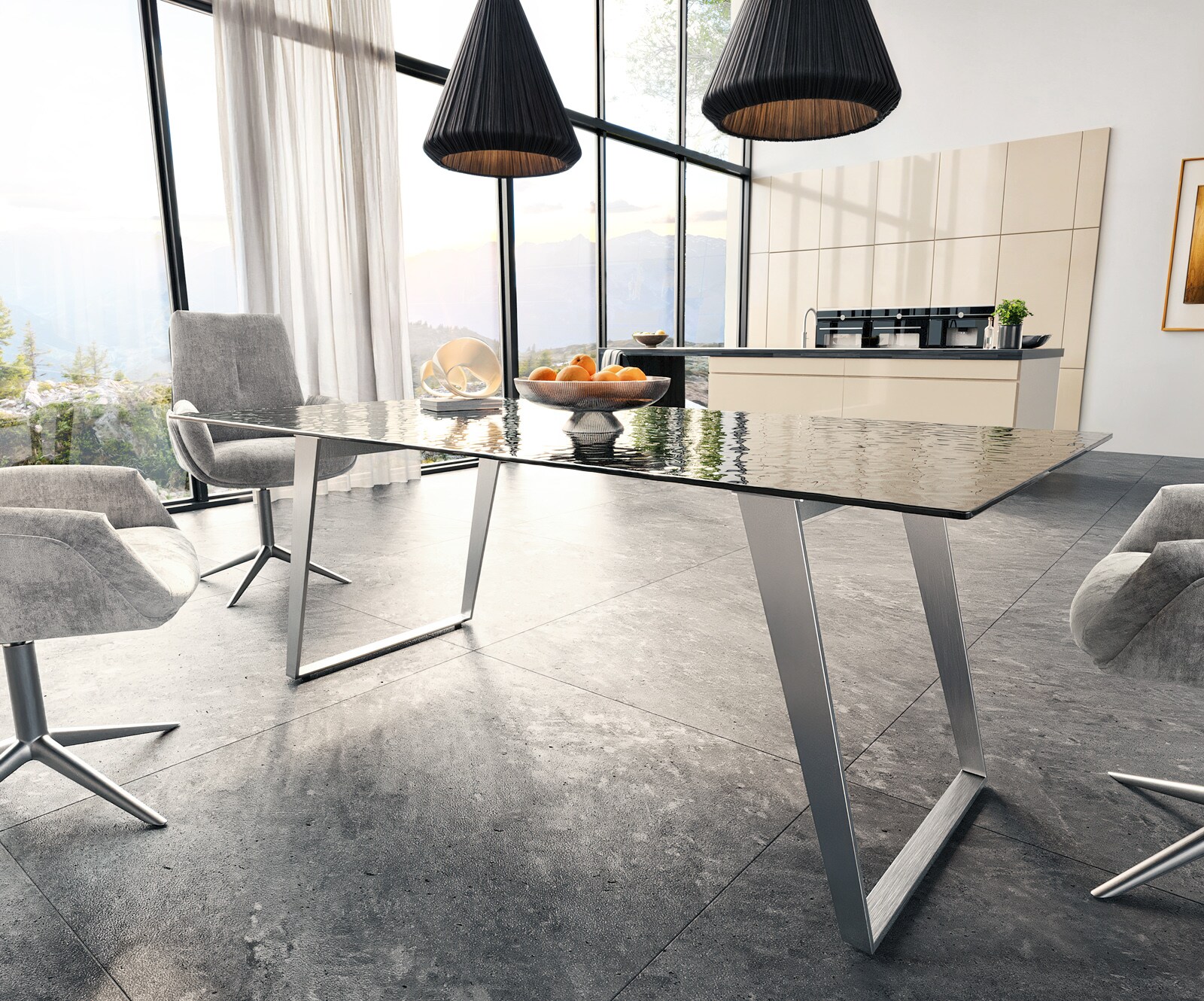 Stół do jadalni Edge 200x100 cm szkło reliefowe czarne efekt 3D stal nierdzewna pochylona rama 3