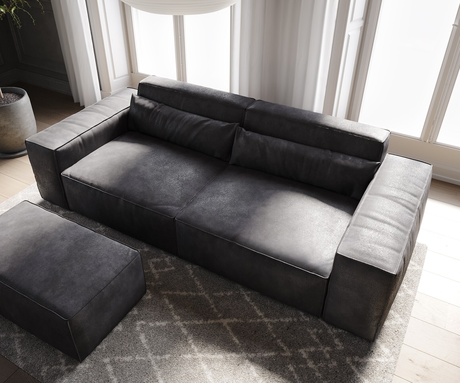 Duża sofa Sirpio 230x95 cm eko-skóra antracytowy vintage z pufem 3