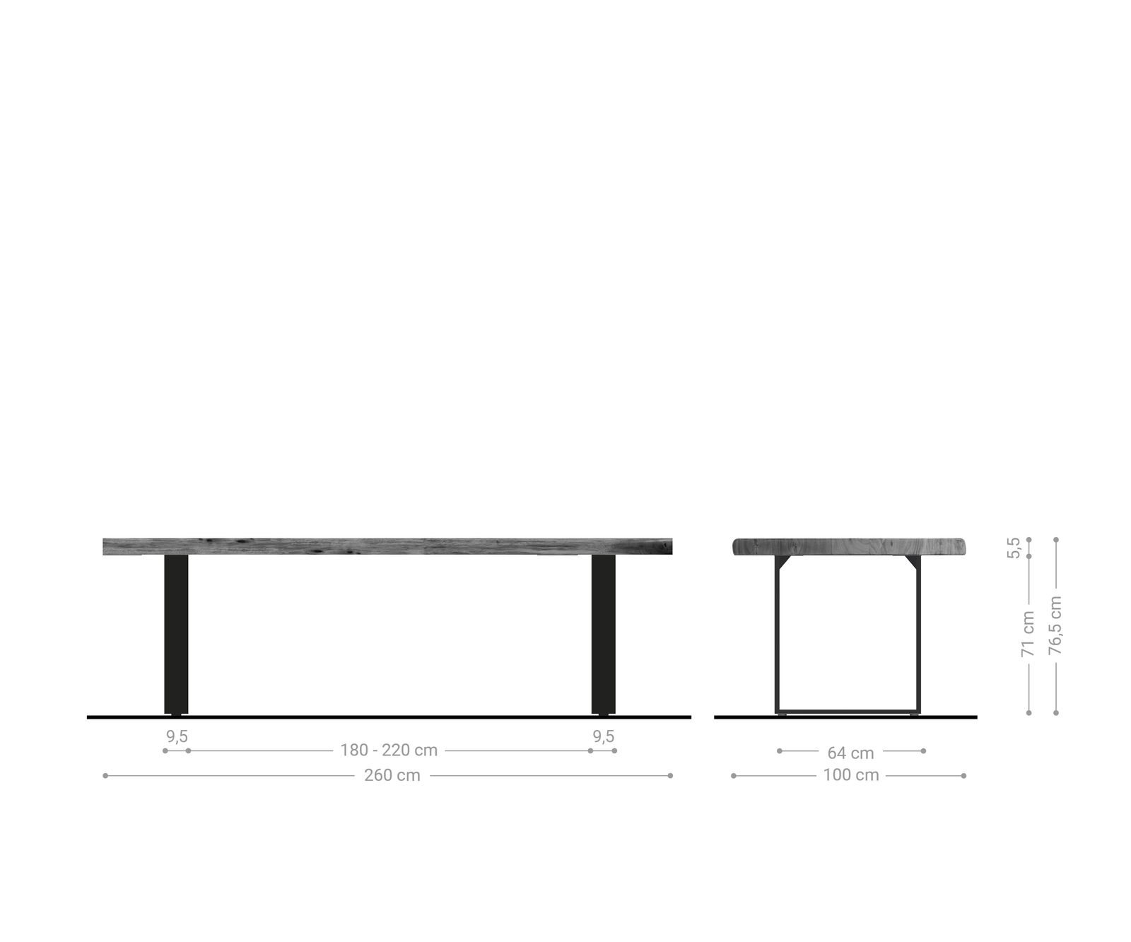 Stół do jadalni Edge 260x100 XL akacja naturalna rama wąska stal nierdzewna live-edge 8