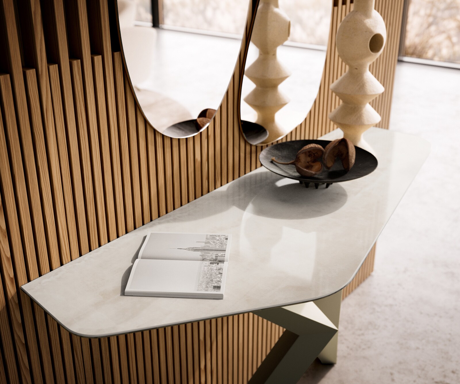 Konsola Edge wielokątna 140x50 cm ceramika Onyx Champagne podstawa Zentharo metal w kolorze tytanu 6