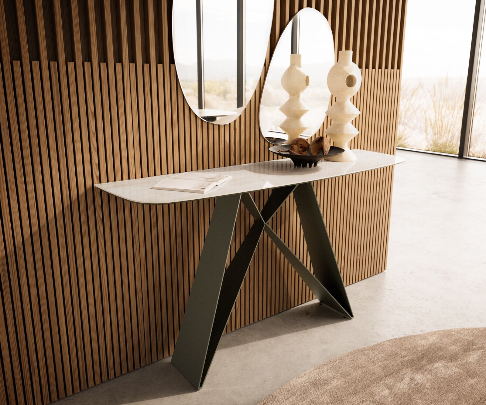 Konsola Edge w kształcie beczki 140x40 cm ceramika Onyx Champagne podstawa Velio metal w kolorze tytanu 4