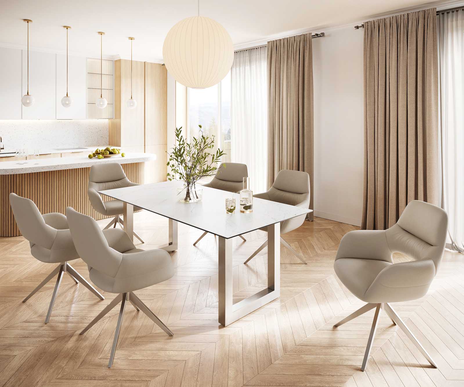 Stół do jadalni Edge 200x100 cm ceramika Laminam® Statuarietto biały stal nierdzewna szeroka rama 6