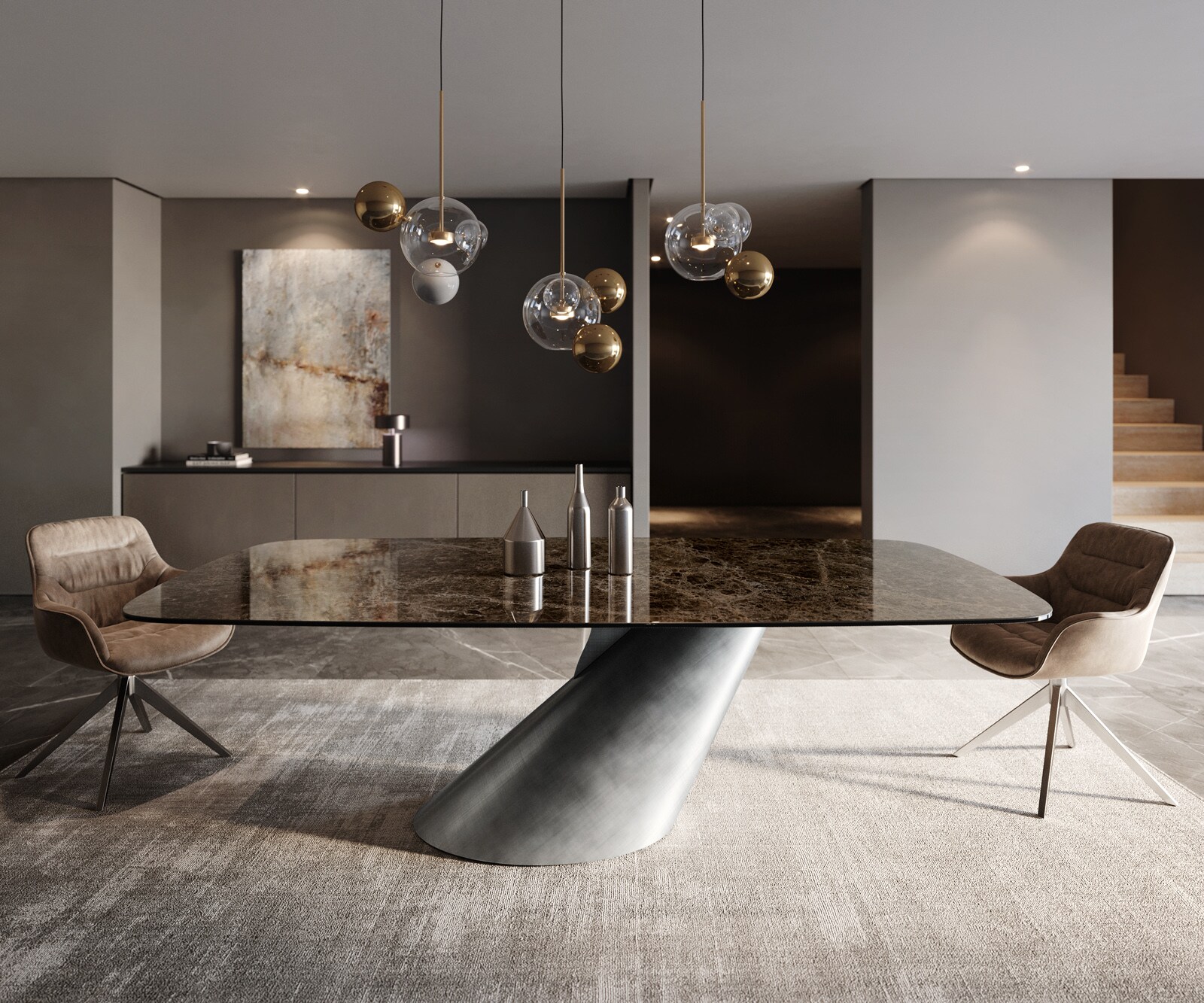 Stół do jadalni Edge w kształcie beczki 240x120 cm ceramika Laminam® Emperador Extra Lucidato ciemnobrązowa rama Cono metaliczny srebrny 1