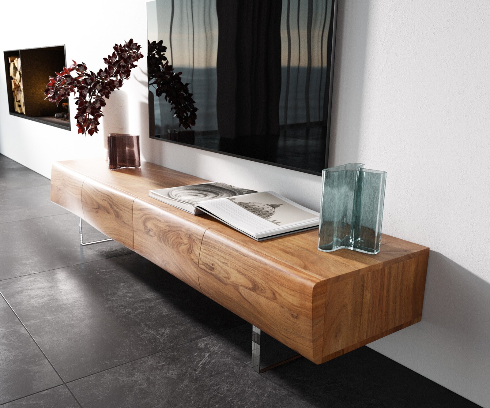 Szafka RTV New Live-Edge 175 cm akacja naturalna 4 drzwi nóżki akrylowe 1