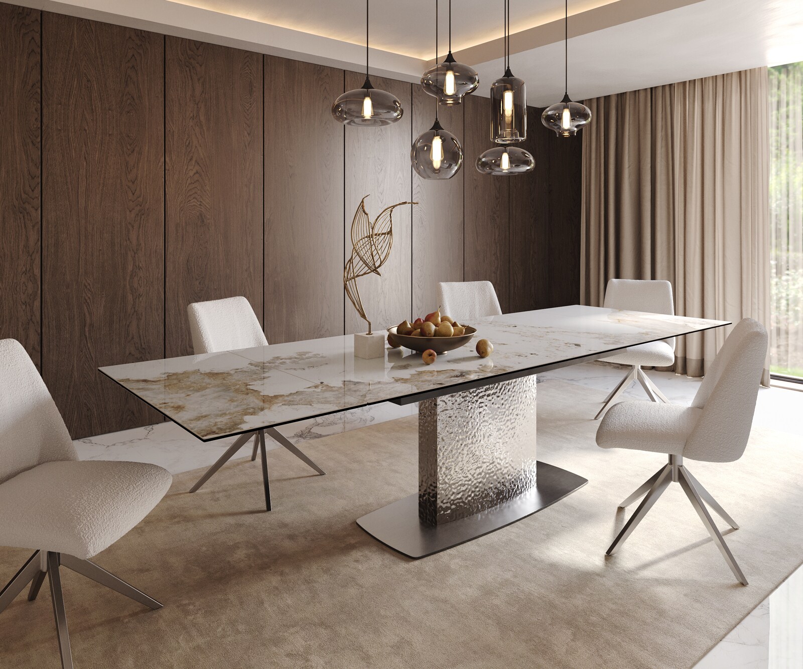 Stół do jadalni Edge 200-300x100 cm ceramika Minas Melange biało-beżowy rama Wave stal nierdzewna rozkładany 1