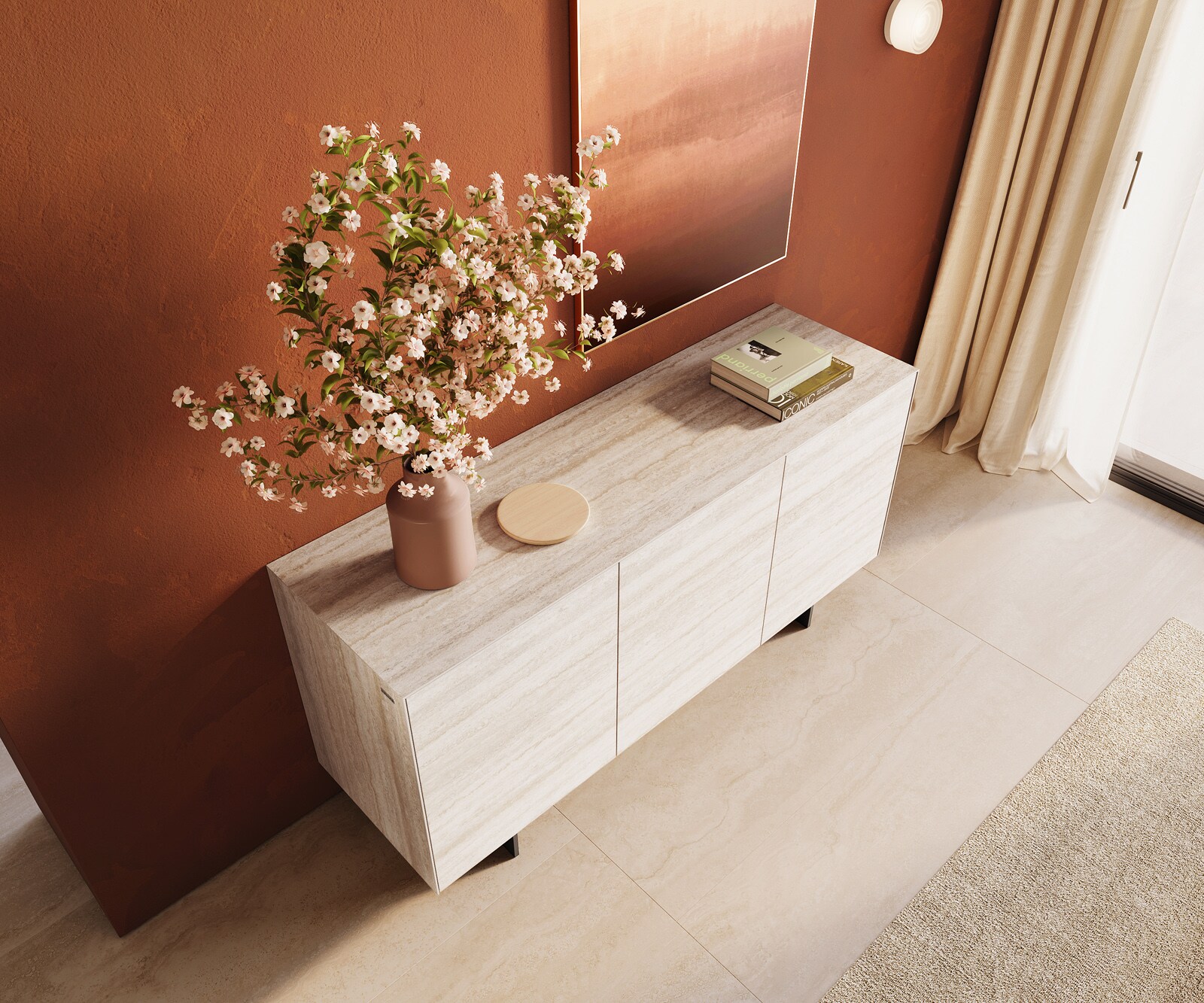 Komoda Cuor 150 cm ceramika Laminam® Travertino Bianco kremowo-biała 3 drzwi nóżki wąskie czarny metal 4