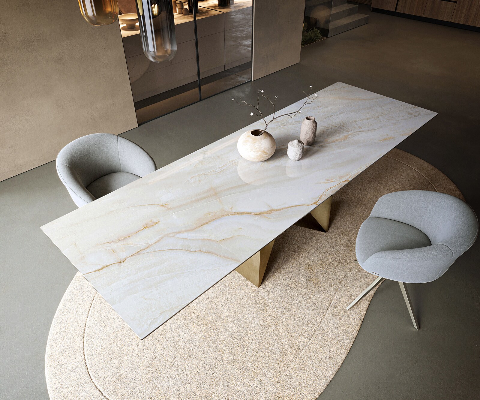 Stół do jadalni Edge 300x100cm ceramika Onyx Pearl rama Origami metaliczny złoty 3