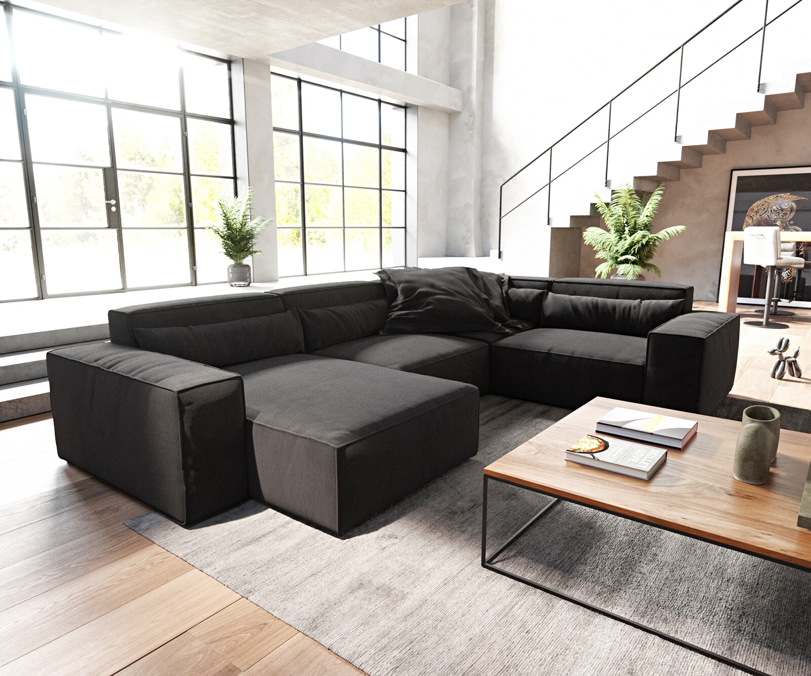 Sofa w kształcie litery U Sirpio 300x210 cm mikrofibra czarna szezlong z możliwością obustronnego montażu 1