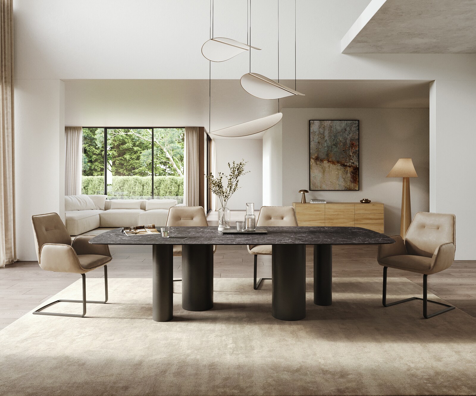 Stół do jadalni Edge w kształcie beczki 260x120 cm ceramika Laminam® Nero Greco antracytowa rama Pilier metal czarny 1