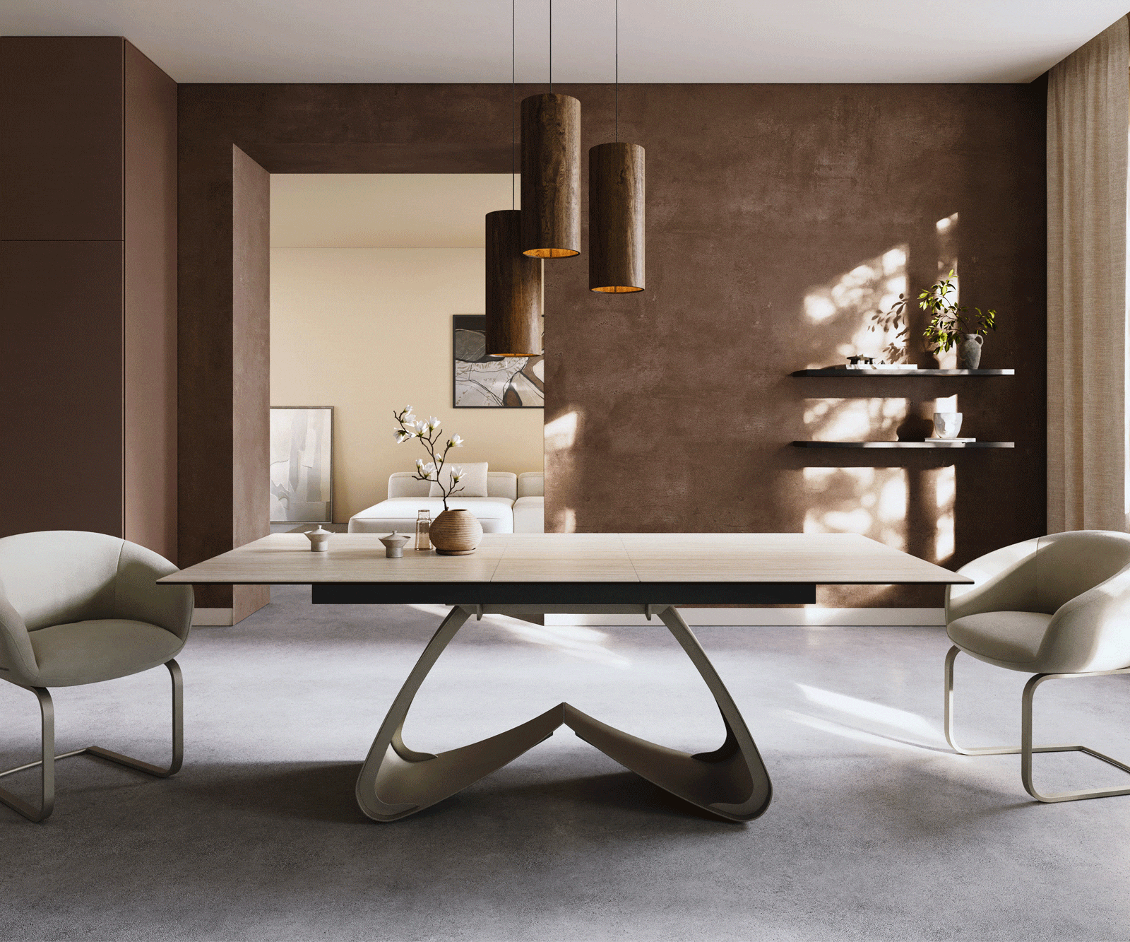 Stół do jadalni Edge 180-220x100cm ceramika Laminam® Travertino Bianco kremowo-biały rama W kolor tytanowy rozkładany 1