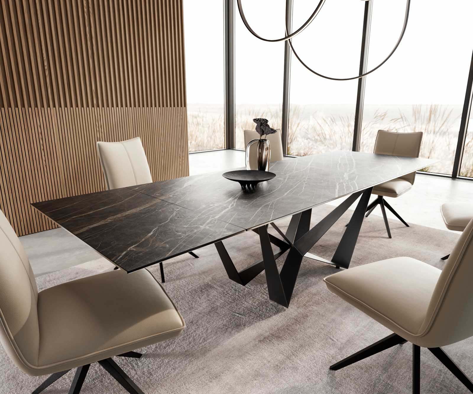 Stół do jadalni Edge 200-300x100 cm ceramika Laminam® Noir Desir brązowy rama Spider metal czarna rozkładany 1