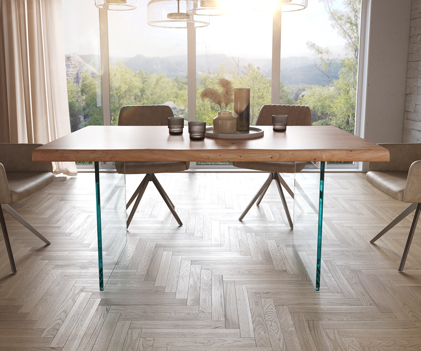 Stół do jadalni Edge 160x90cm XL akacja naturalna szklana rama live-edge 1
