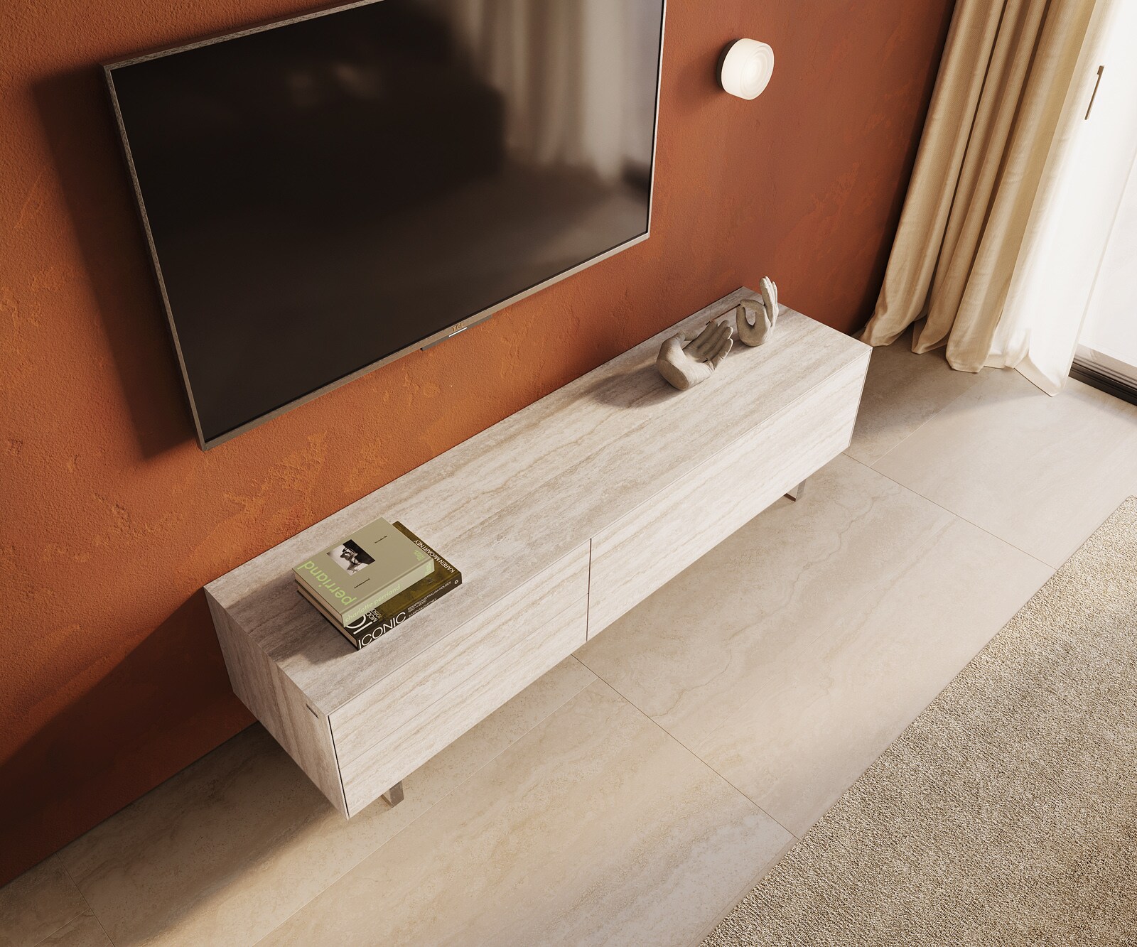 Szafka RTV Cuor 180 cm ceramika Laminam® Travertino Bianco kremowo-biała 1 klapa 2 szuflady nóżki akrylowe 4