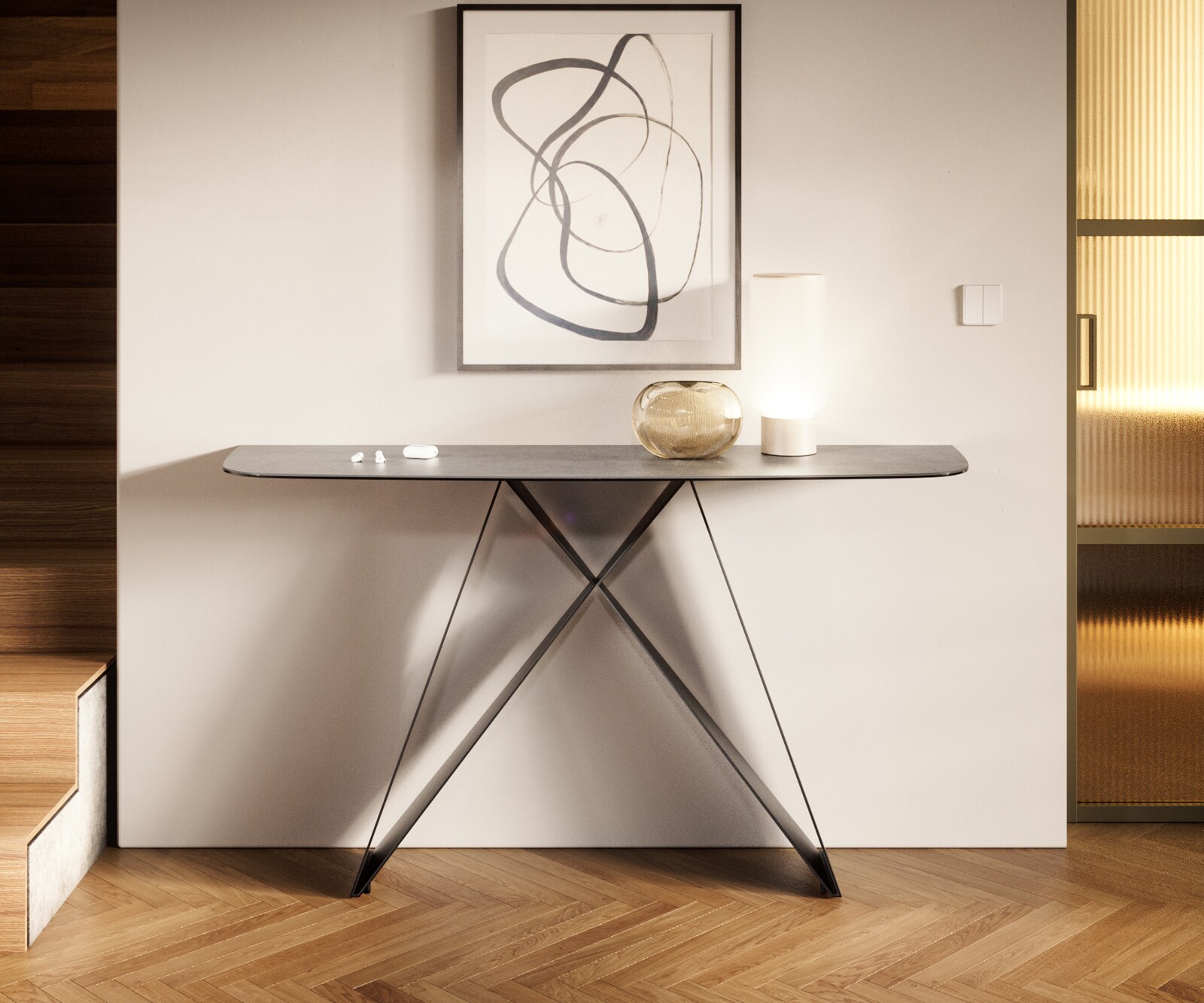 Konsola Edge w kształcie beczki 140x40 cm ceramika w kolorze betonowej szarości podstawa Velio metal czarny 4