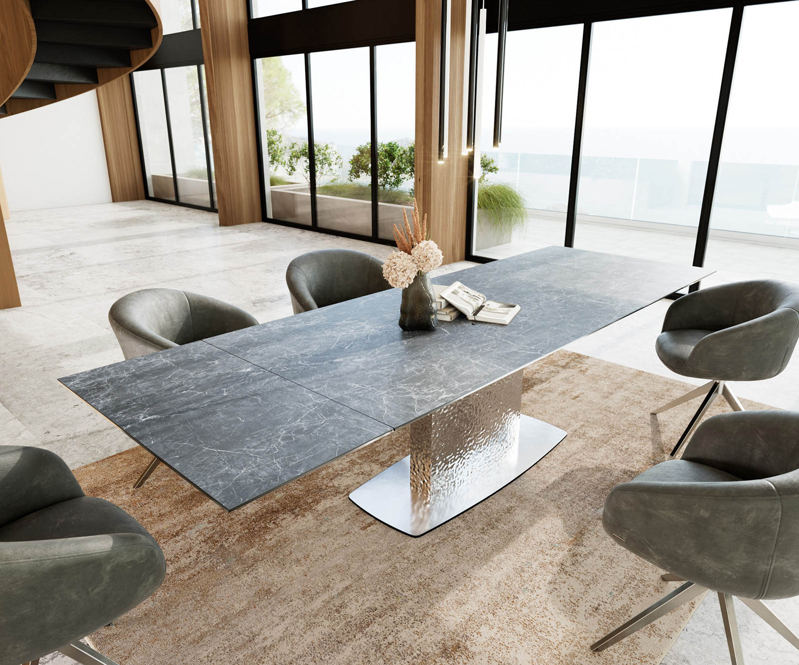 Stół do jadalni Edge 200-300x100 cm ceramika Laminam® Nero Greco antracyt rama Wave stal nierdzewna rozkładany 1