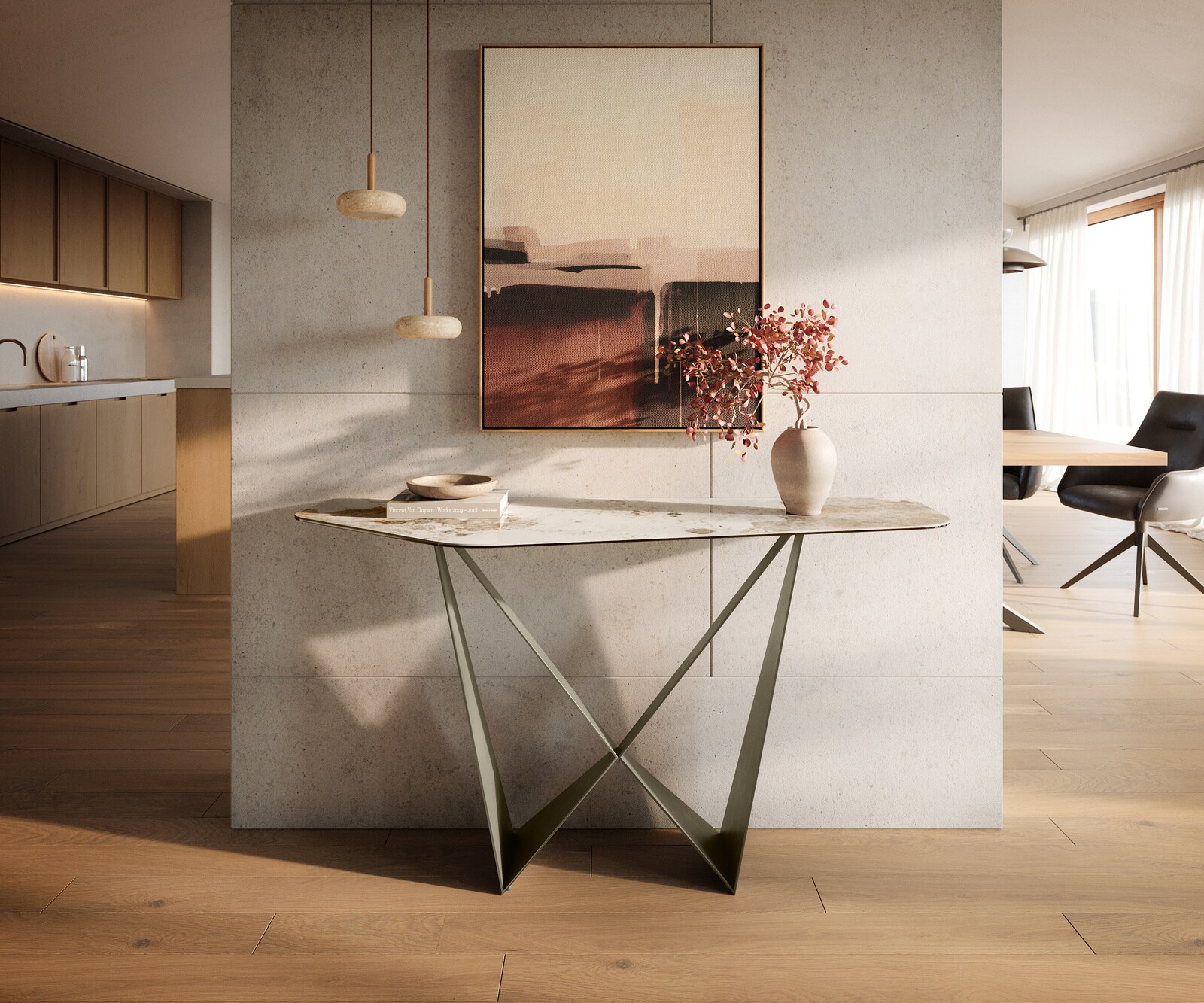 Konsola Edge wielokątna 140x50 cm ceramika Minas Melange biało-beżowa podstawa Spios metal w kolorze tytanu 4