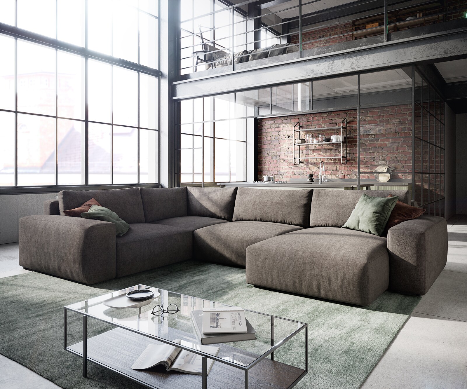 Zestaw wypoczynkowy Lanzo XL 360x260cm mikrofibra brąz khaki szezlong z możliwością zmiennego ustawienia