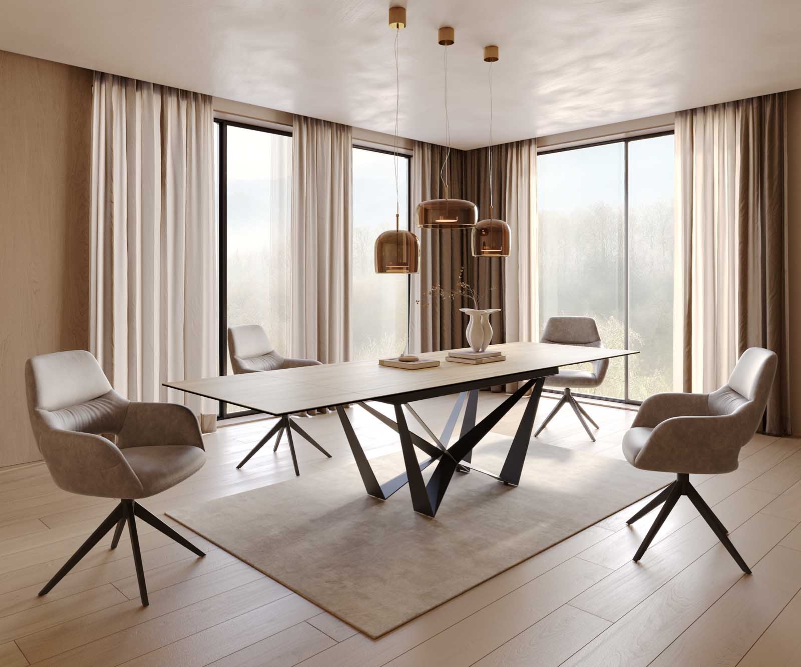 Stół do jadalni Edge 200-300x100 cm ceramika Laminam® Sabbia kolor dębu rama Spider metal czarna rozkładany 7
