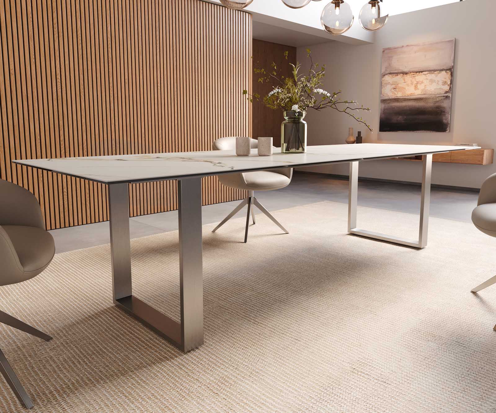 Stół do jadalni Edge 300x100cm ceramika Calacatta Luxe biało-złoto-szara rama wąska stal nierdzewna 7