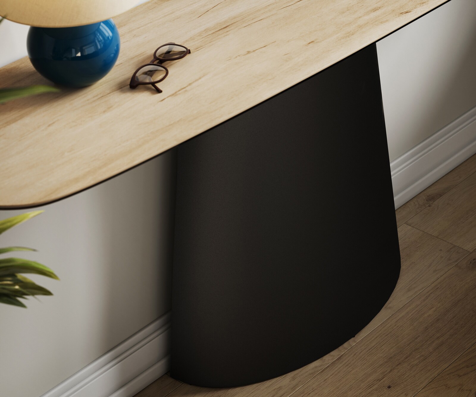 Konsola Edge w kształcie beczki 180x40 cm ceramika Laminam® Sabbia w kolorze dębu rama Conos metal czarny 6