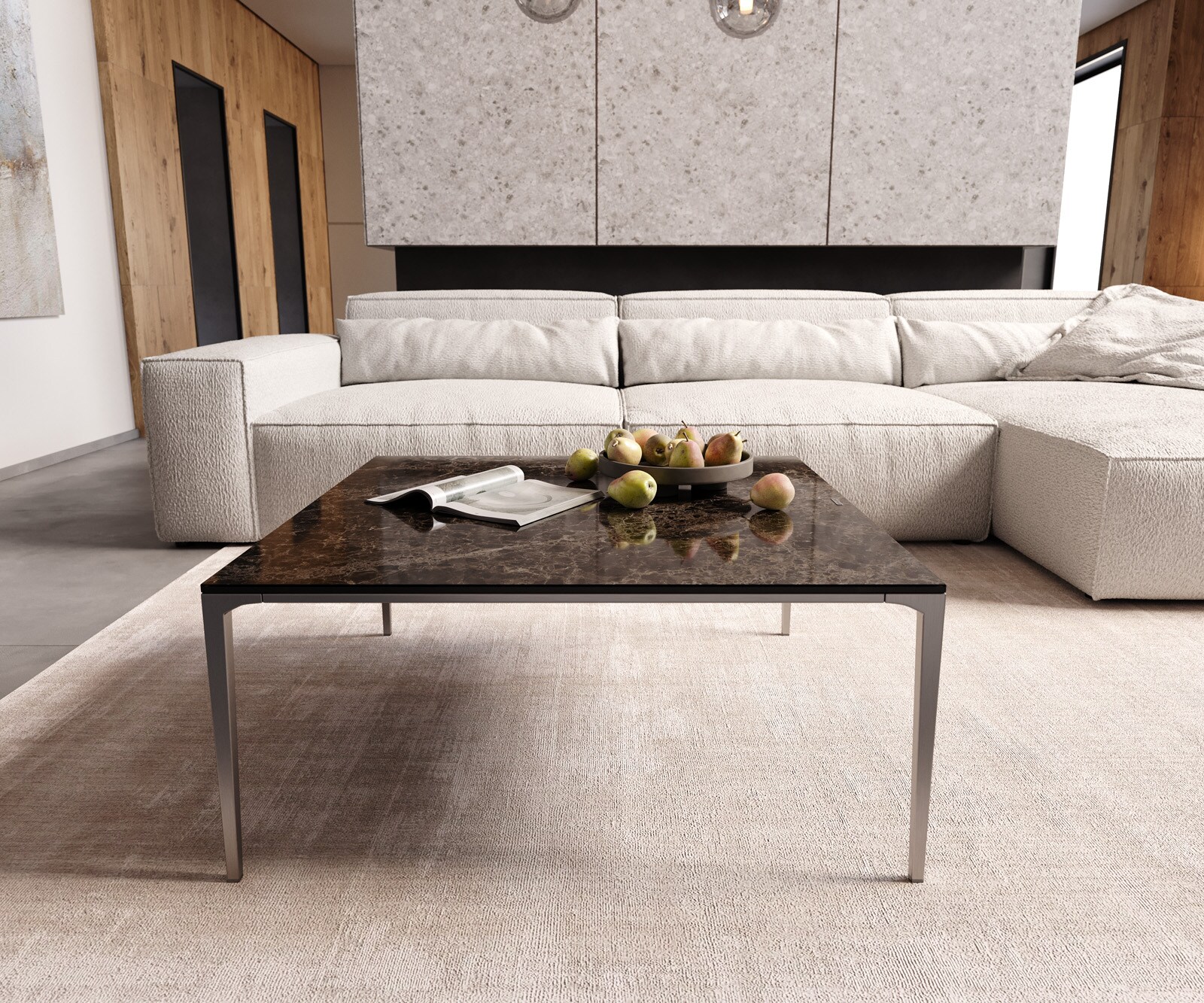 Stolik kawowy Levente 85x85cm ceramika Emperador Extra Lucidato ciemnobrązowy rama stal nierdzewna srebrny 1