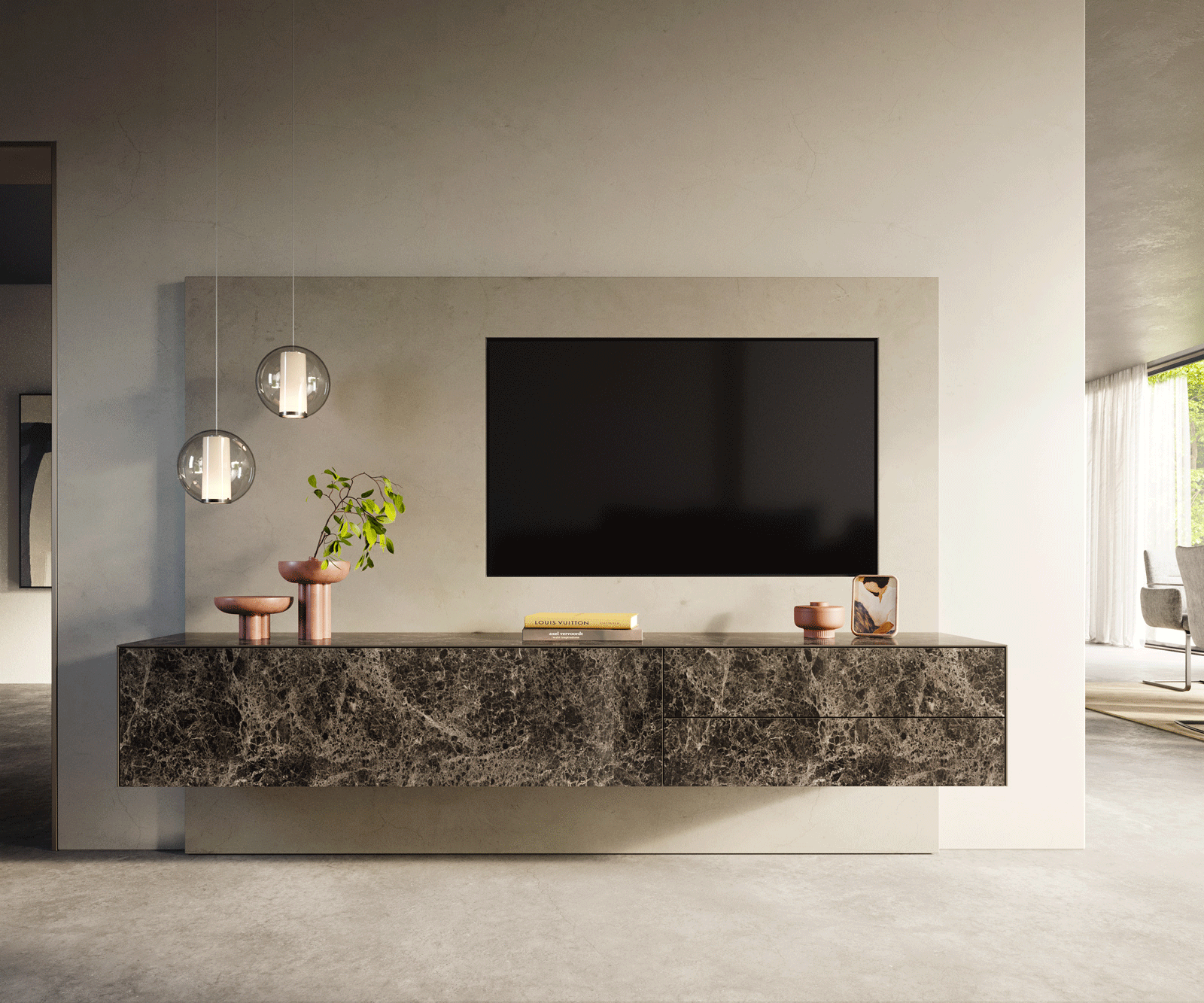 Szafka RTV Cuor 220 cm ceramika Emperador Extra Lucidato ciemnobrązowa 1 klapa 2 szuflady podwieszana 1