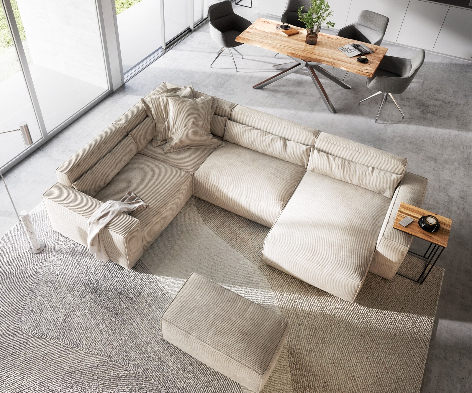 Sofa w kształcie litery U Sirpio 300x210 cm sztruks beżowy szezlong z możliwością obustronnego montażu z pufem 4