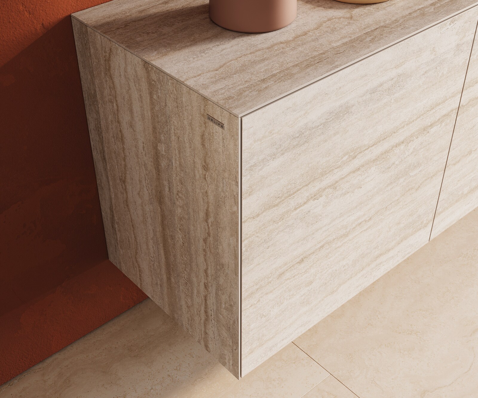 Komoda Cuor 180 cm ceramika Laminam® Travertino Bianco kremowo-biała 2 drzwi 3 szuflady podwieszana 6