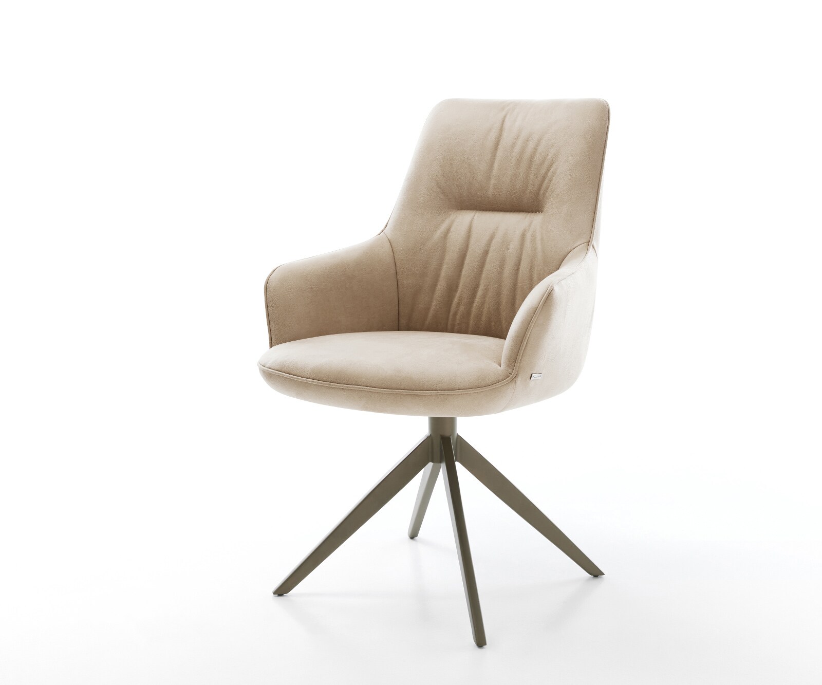 Krzesło do jadalni Zelia-Flex z podłokietnikami mikrofibra kolor beżowy vintage podstawa krzyżowa szeroka w kolorze tytanu obracane o 360° funkcja kołyski sprężyny kieszeniowe