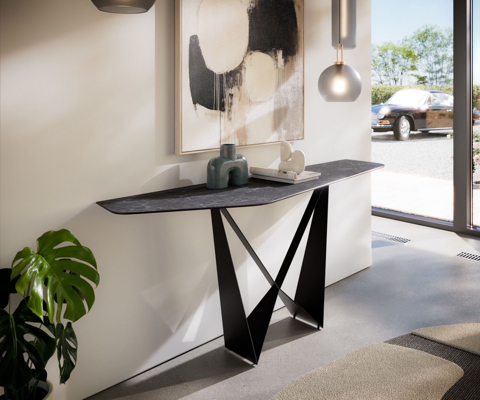 Konsola Edge wielokątna 180x50 cm ceramika Laminam® Nero Greco antracytowa podstawa Spios metal czarny 1