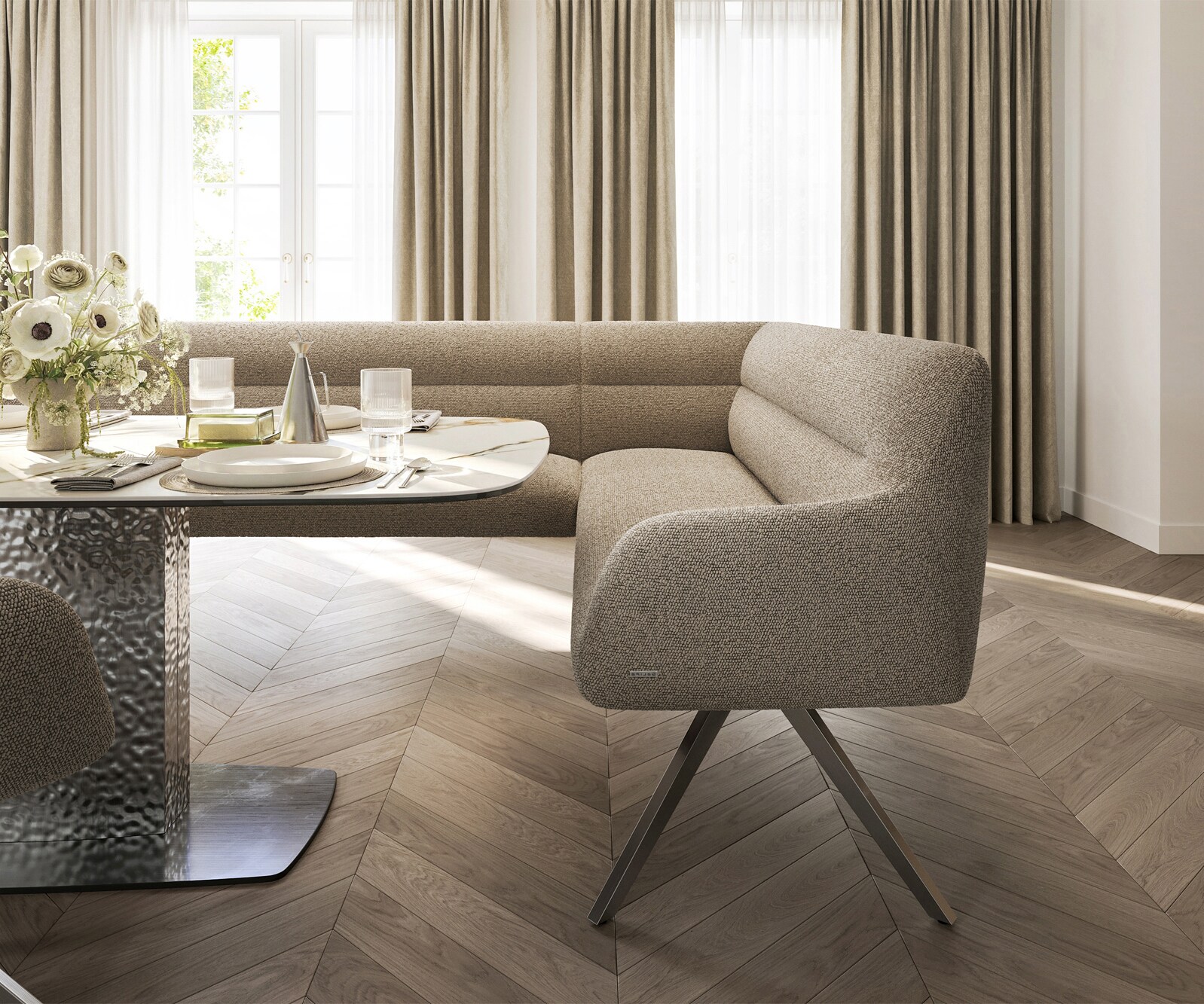 Ławka do jadalni Taya-Flex 285x190 cm bouclé szaro-brązowy podstawa krzyżowa kątowa stal nierdzewna sprężyny kieszeniowe lewa 5