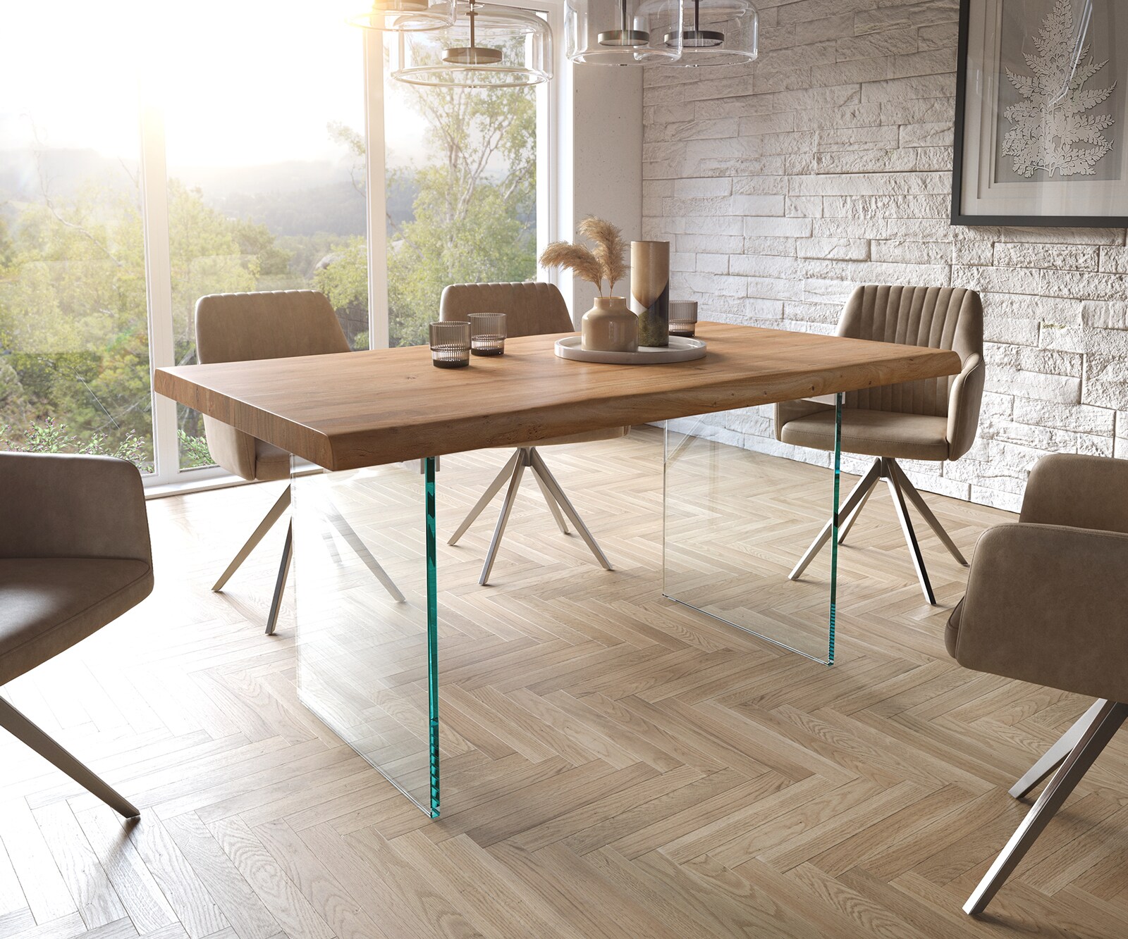 Stół do jadalni Edge 160x90cm XL akacja naturalna szklana rama live-edge