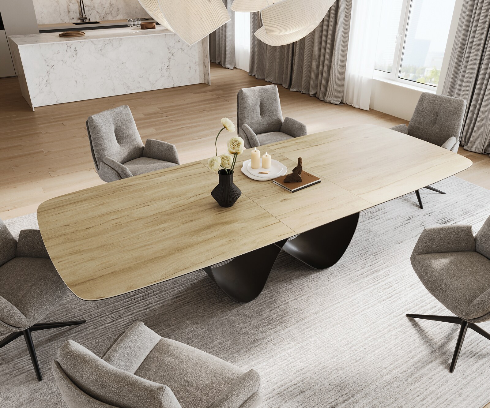 Stół do jadalni Edge w kształcie beczki 240-300x120 cm ceramika Laminam® Sabbia w kolorze dębu rama Infinity metal czarny rozkładany 3