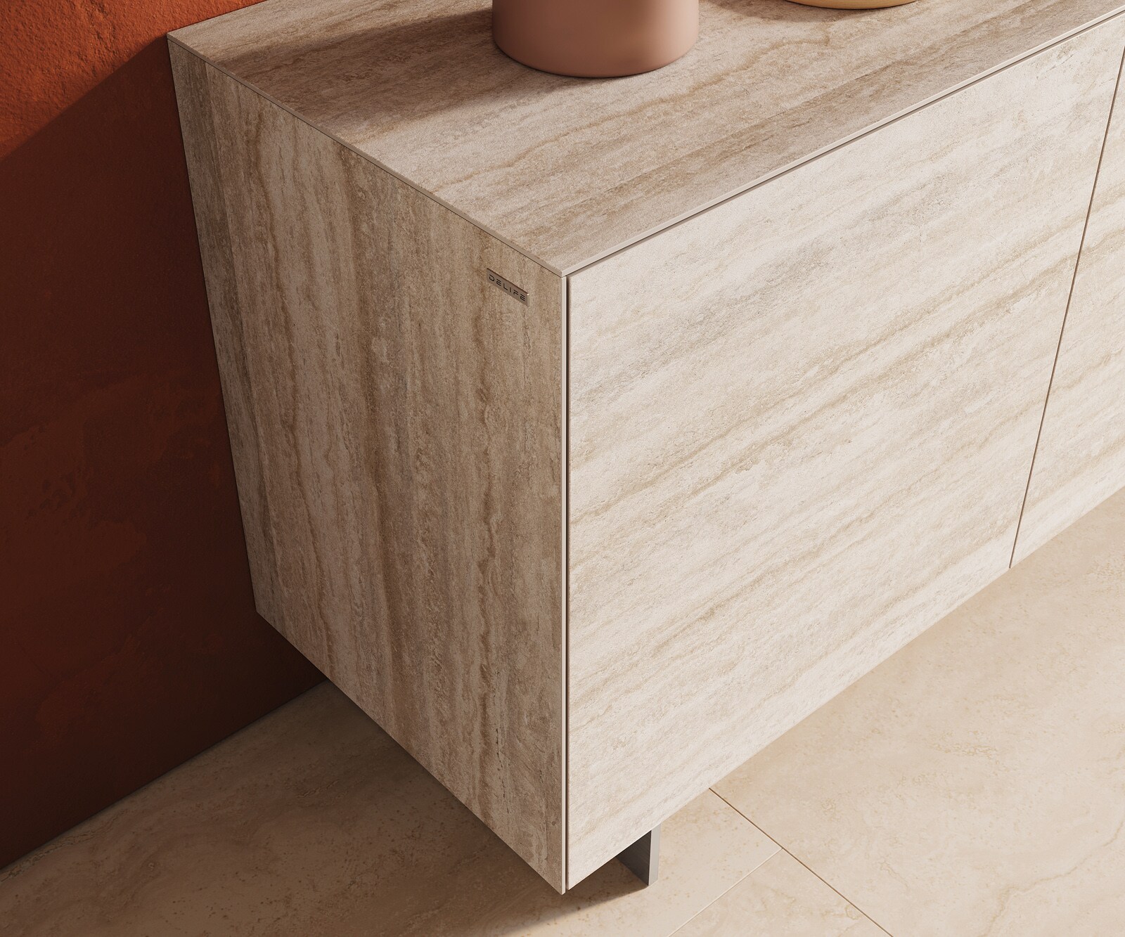 Komoda Cuor 180 cm ceramika Laminam® Travertino Bianco kremowo-biała 2 drzwi 3 szuflady nóżki wąskie stal nierdzewna 6