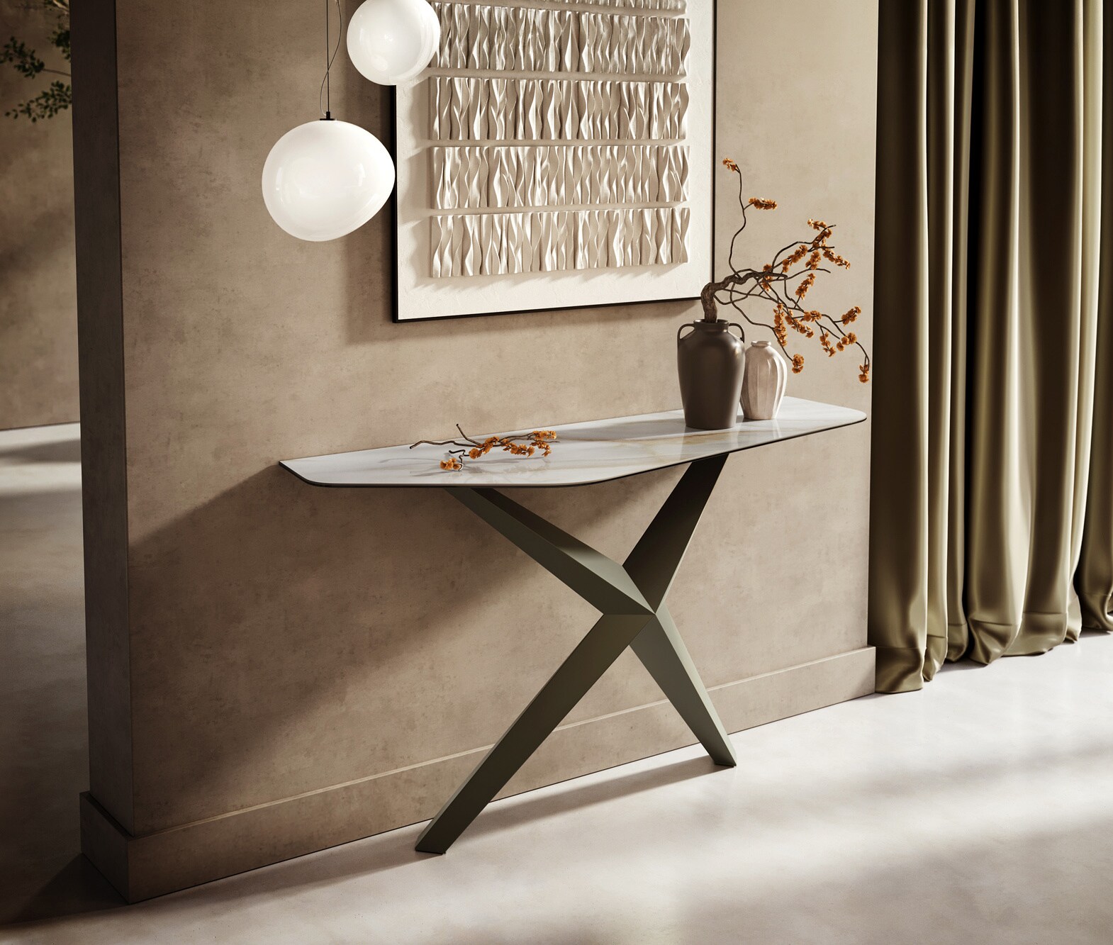 Konsola Edge wielokątna 140x50 cm ceramika Onyx Pearl podstawa Zentharo metal w kolorze tytanu 4
