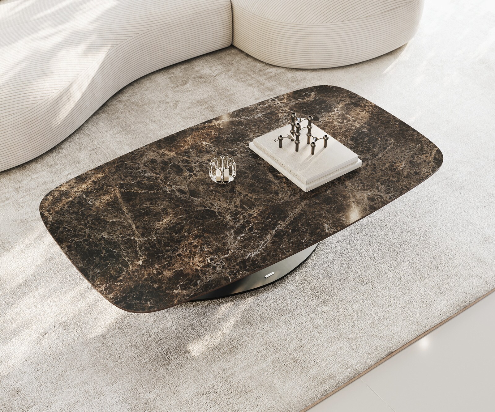Stolik kawowy Edge w kształcie beczki 140x80 cm ceramika Laminam® Emperador Extra Lucidato ciemnobrązowy Vibany czarny metal 4