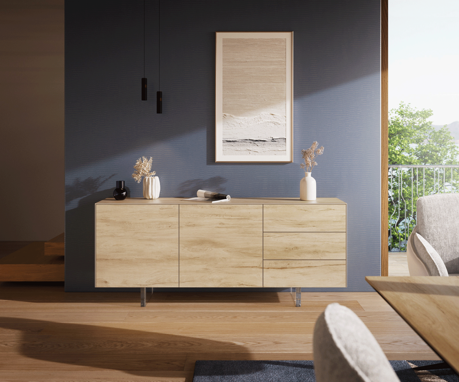 Komoda Cuor 180 cm ceramika Laminam® Sabbia (kolor dębu) 2 drzwi 3 szuflady nóżki wąskie szkło akrylowe 2