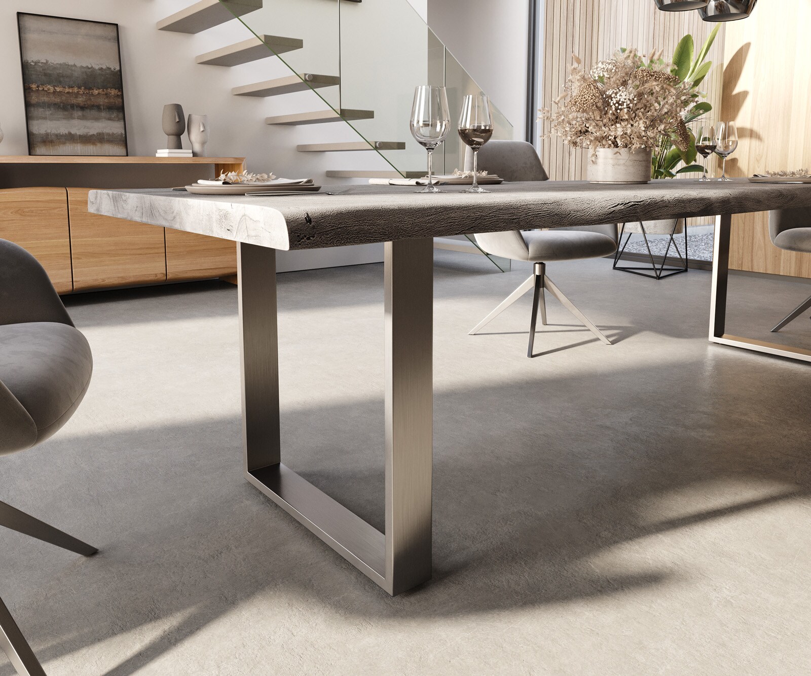 Stół do jadalni Edge 300x100 XL akacja platynowa rama wąska stal nierdzewna live-edge 5