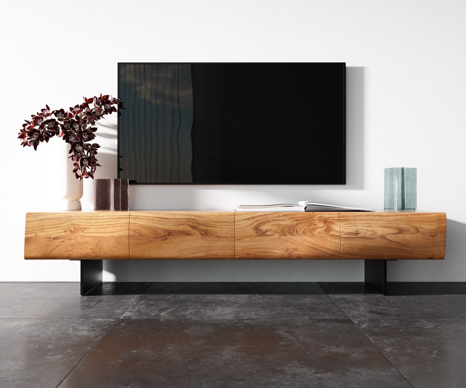 Szafka RTV New Live-Edge 175 cm akacja naturalna 4 drzwi nóżki wąskie czarny metal 4