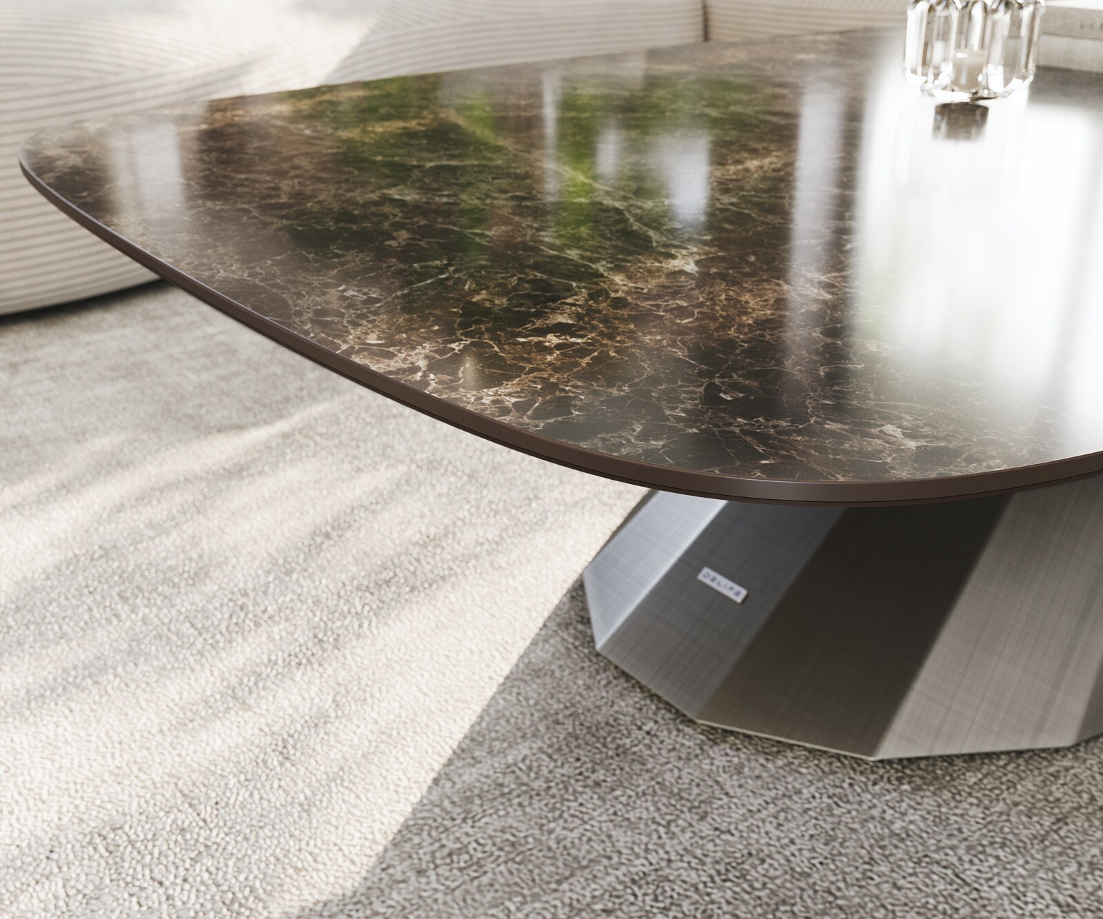 Stolik kawowy Edge w kształcie beczki 140x80 cm ceramika Laminam® Emperador Extra Lucidato ciemnobrązowa podstawa Parabi metaliczny srebrny 6